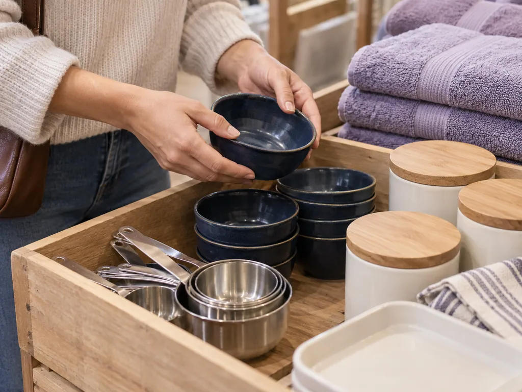 Illustrative close-up of browsing a merchandise bin