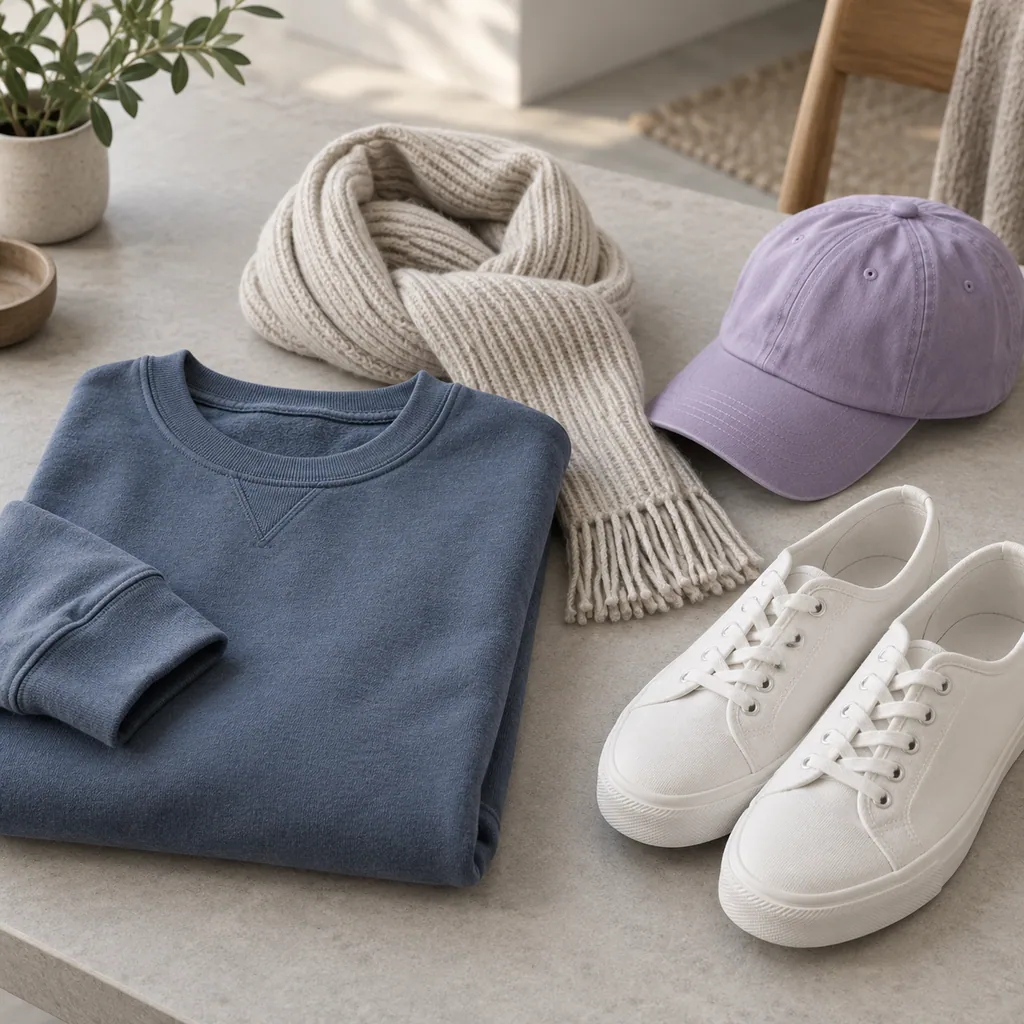 A navy sweatshirt, cap and white canvas sneakers