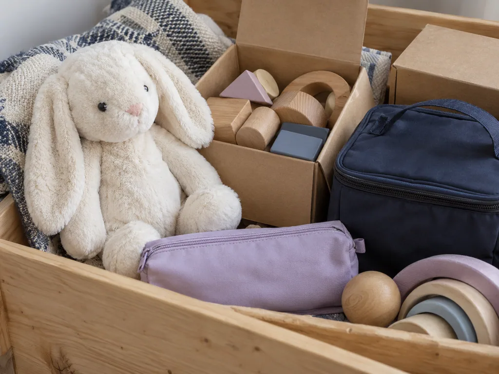 Illustrative toys and everyday accessories in a merchandise bin