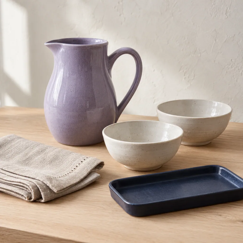 Ceramic bowls, a pitcher and folded linen
