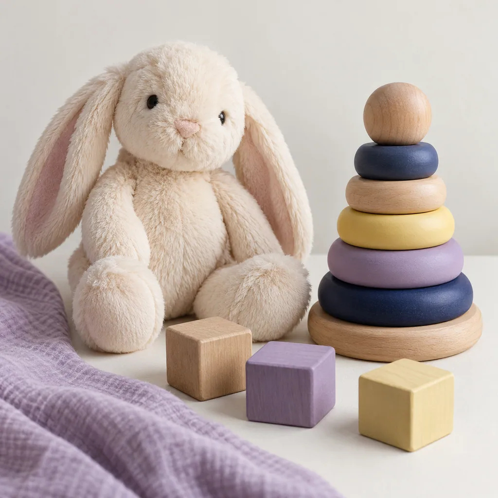 A cream plush rabbit and wooden stacking toys
